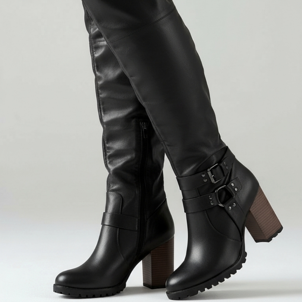 Women's Black High Heel Buckle Riding Boots